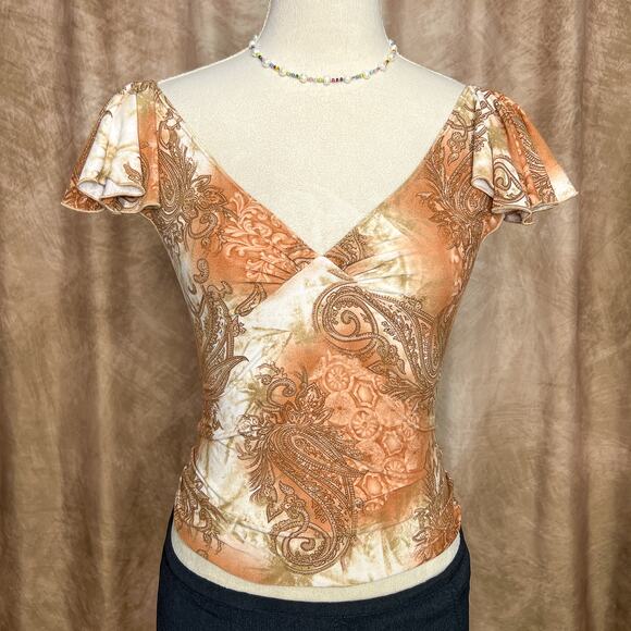 L'Patricia Tops - Vintage Y2K Paisley Flutter Sleeve Top Empire Waist Cropped V Neck Renaissance